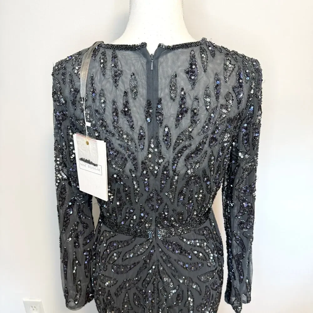 Mac Duggal 5124 Beaded Long Sleeve Evening Gown In Charcoal Size 8 New - Picture 10 of 16
